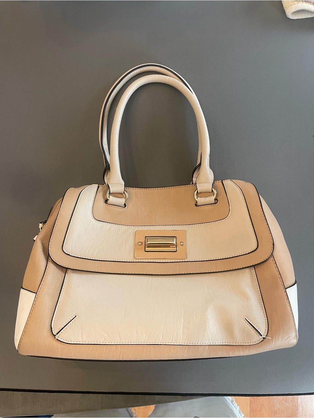 Aldo Two-Tone Beige & Cream Structured Satchel with Gold Hardware